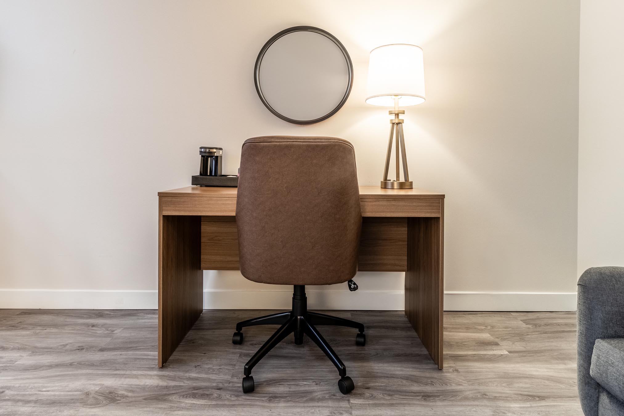 Desk and chair in hotel room